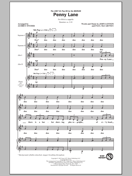 The Beatles Penny Lane (arr. Audrey Snyder) sheet music notes and chords. Download Printable PDF.