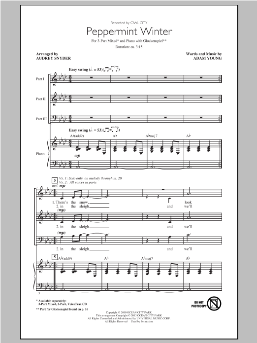 Owl City Peppermint Winter (arr. Audrey Snyder) sheet music notes and chords. Download Printable PDF.