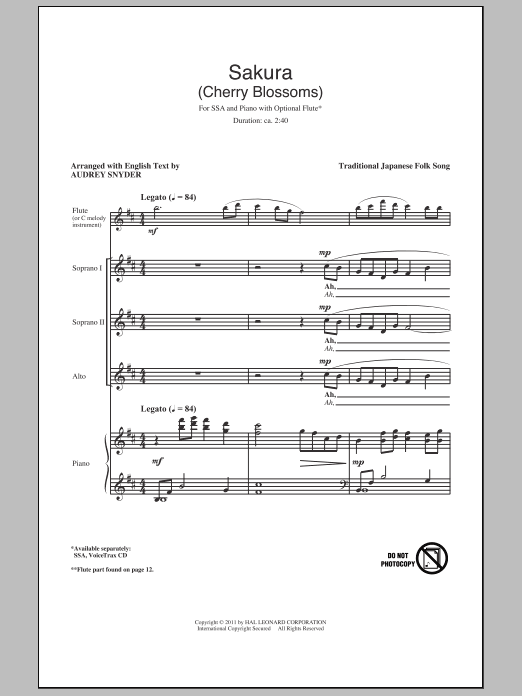 Learn to play Audrey Snyder Sakura (Cherry Blossoms) sheet music for SSA Choir in minutes. Price: 3.9900$ Audrey Snyder Sakura (Cherry Blossoms) sheet music notes and chords arranged for SSA Choir