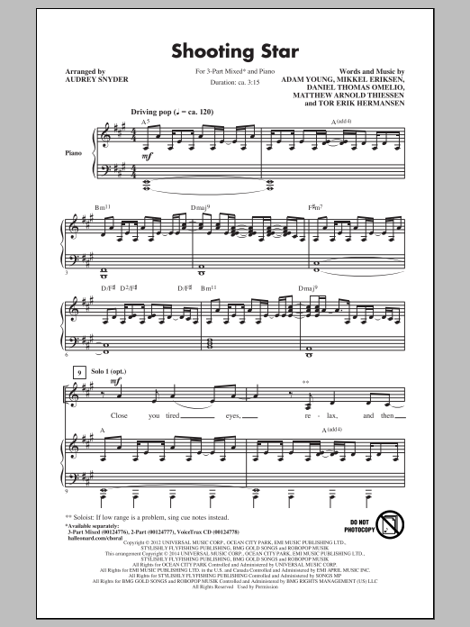 Owl City Shooting Star (arr. Audrey Snyder) sheet music notes and chords. Download Printable PDF.