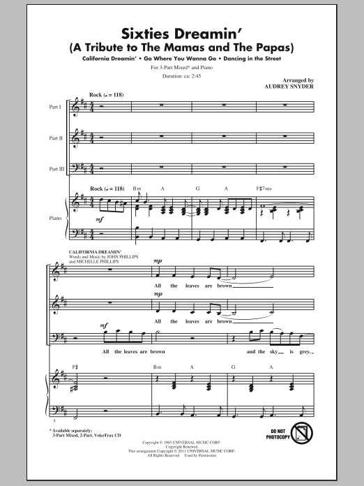 Learn to play Audrey Snyder Sixties Dreamin' (A Tribute to The Mamas And The Papas) sheet music for 3-Part Mixed Choir in minutes. Price: 3.9900$ Audrey Snyder Sixties Dreamin' (A Tribute to The Mamas And The Papas) sheet music notes and chords arranged for 3-Part Mixed Choir