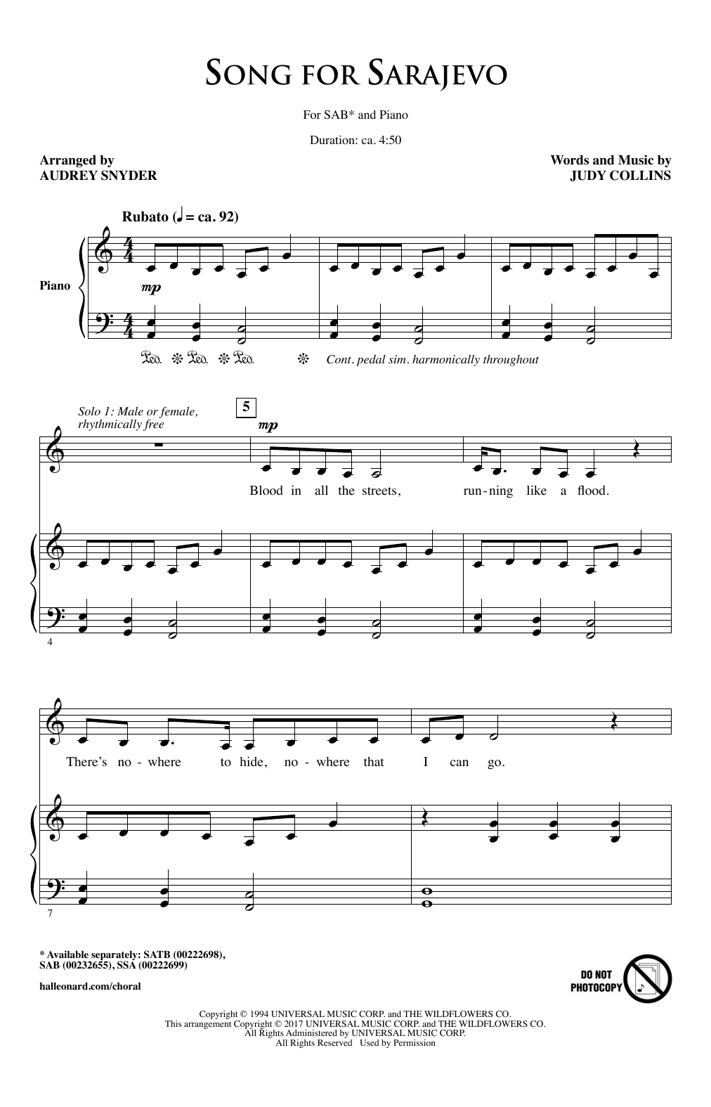 Learn to play Audrey Snyder Song For Sarajevo sheet music for SSA Choir in minutes. Price: 3.9900$ Audrey Snyder Song For Sarajevo sheet music notes and chords arranged for SSA Choir