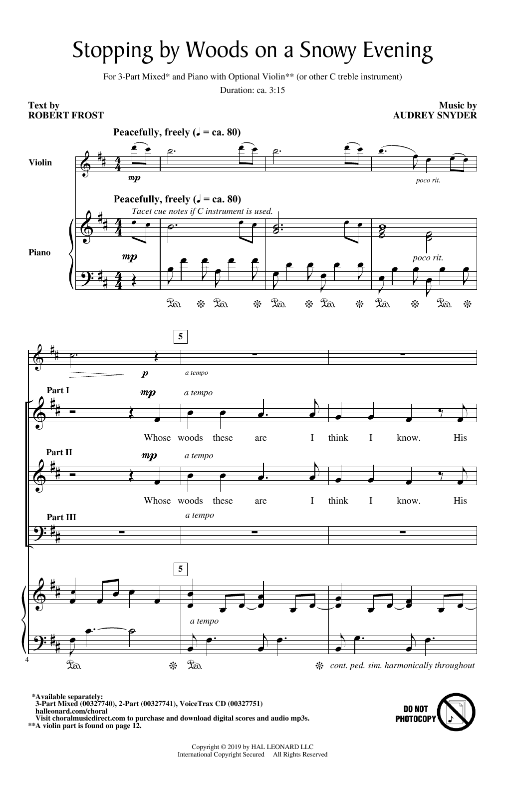 Learn to play Audrey Snyder Stopping By Woods On A Snowy Evening sheet music for 3-Part Mixed Choir in minutes. Price: 3.9900$ Audrey Snyder Stopping By Woods On A Snowy Evening sheet music notes and chords arranged for 3-Part Mixed Choir