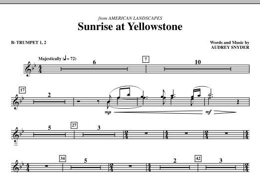 Learn to play Audrey Snyder Sunrise At Yellowstone - Bb Trumpet 1,2 sheet music for Choir Instrumental Pak in minutes. Audrey Snyder Sunrise At Yellowstone - Bb Trumpet 1,2 sheet music notes and chords. Download Printable PDF.