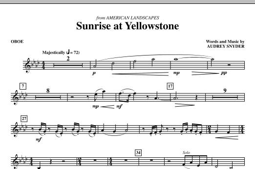 Learn to play Audrey Snyder Sunrise At Yellowstone - Oboe sheet music for Choir Instrumental Pak in minutes. Audrey Snyder Sunrise At Yellowstone - Oboe sheet music notes and chords. Download Printable PDF.