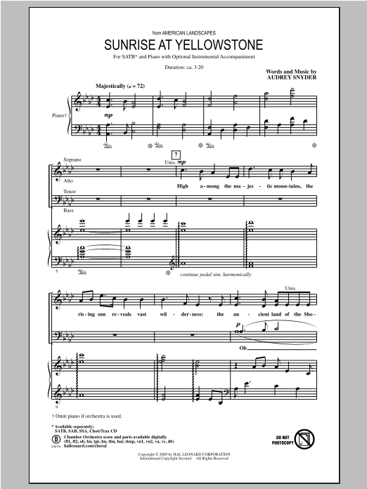Learn to play Audrey Snyder Sunrise At Yellowstone (from American Landscapes) sheet music for SAB Choir in minutes. Price: 3.9900$ Audrey Snyder Sunrise At Yellowstone (from American Landscapes) sheet music notes and chords arranged for SAB Choir