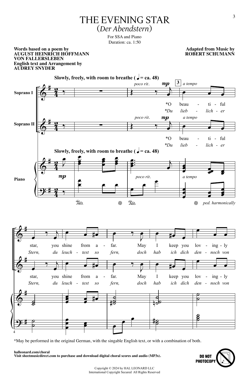 Learn to play Audrey Snyder The Evening Star (Der Abendstern) sheet music for SSA Choir in minutes. Price: 3.9900$ Audrey Snyder The Evening Star (Der Abendstern) sheet music notes and chords arranged for SSA Choir
