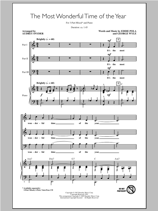 Learn to play Audrey Snyder The Most Wonderful Time Of The Year sheet music for 2-Part Choir in minutes. Audrey Snyder The Most Wonderful Time Of The Year sheet music notes and chords. Download Printable PDF.