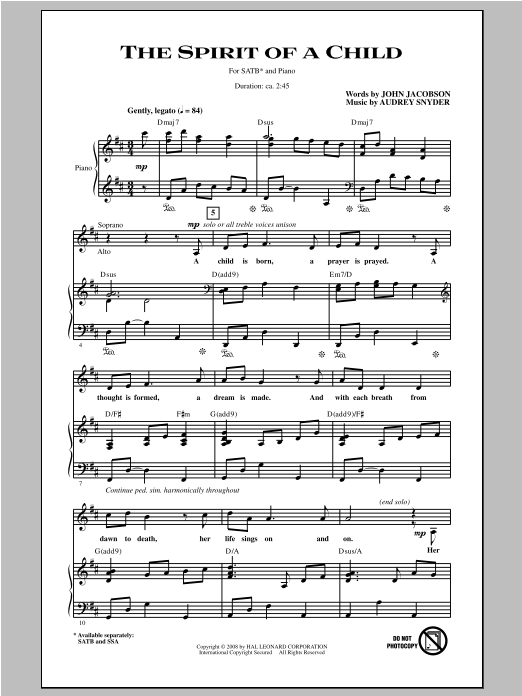 Learn to play Audrey Snyder The Spirit Of A Child sheet music for SSA Choir in minutes. Price: 3.9900$ Audrey Snyder The Spirit Of A Child sheet music notes and chords arranged for SSA Choir