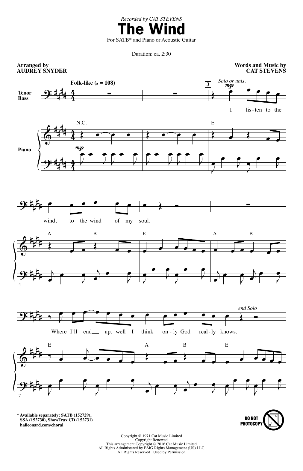 Cat Stevens The Wind (arr. Audrey Snyder) sheet music notes and chords. Download Printable PDF.