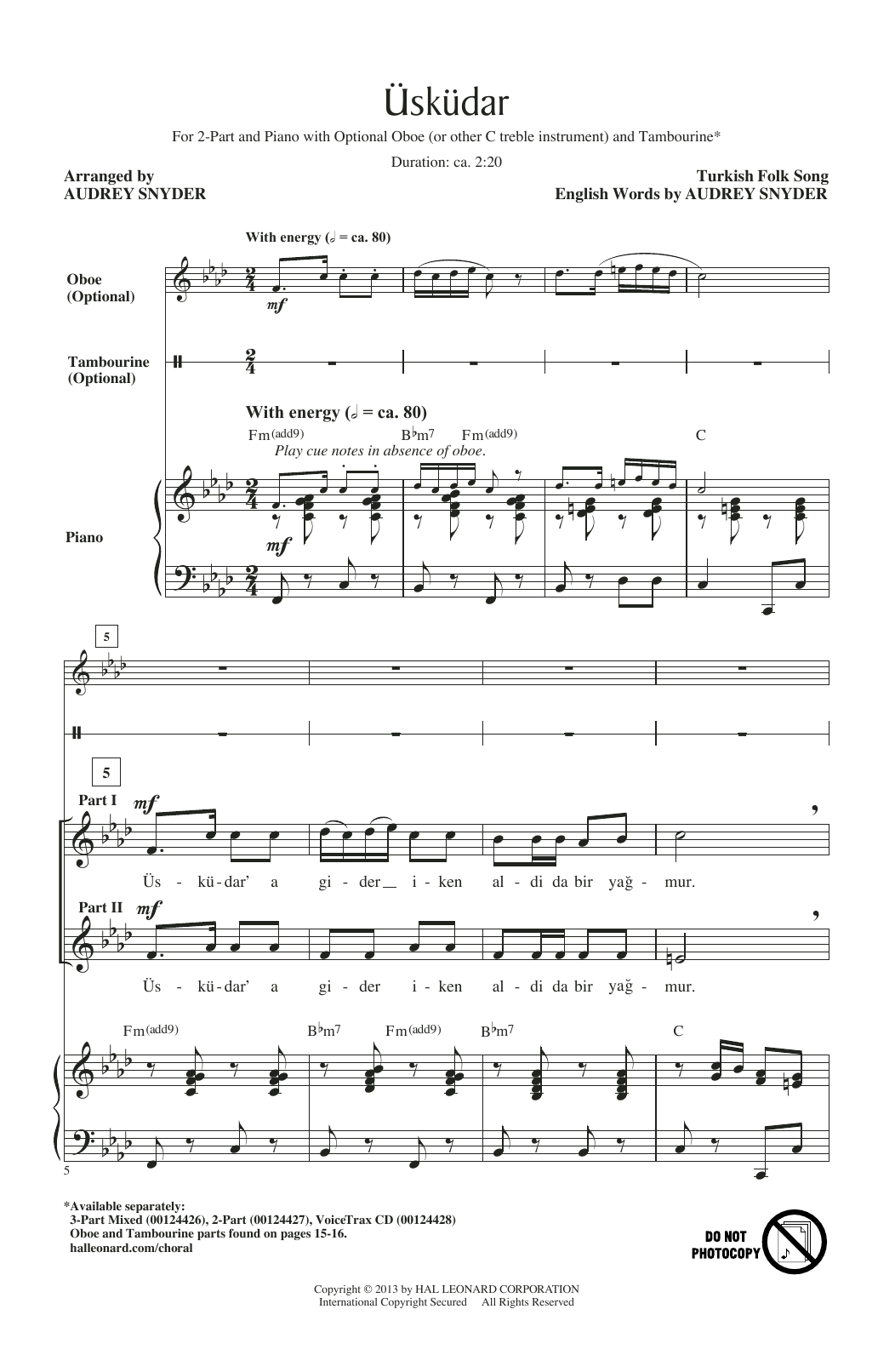 Turkish Folksong Uskudar (arr. Audrey Snyder) sheet music notes and chords. Download Printable PDF.