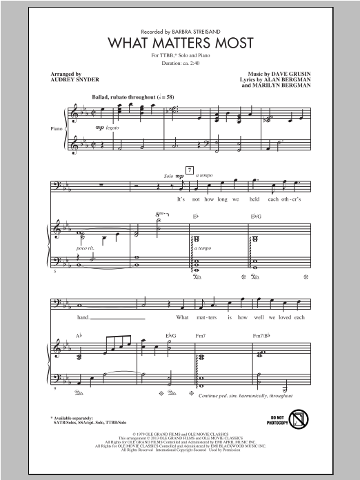 Barbra Streisand What Matters Most (arr. Audrey Snyder) sheet music notes and chords. Download Printable PDF.