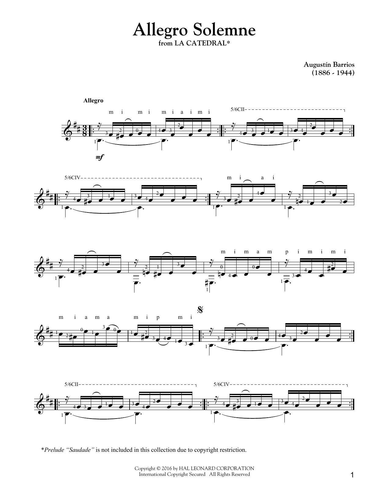 Augustin Barrios Mangore Allegro Solemne Sheet Music Pdf Notes Chords Classical Score Guitar Tab Download Printable Sku 163523