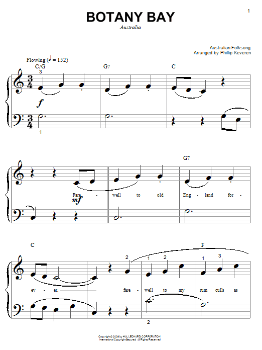 Australian Folksong Botany Bay sheet music notes and chords arranged for Big Note Piano