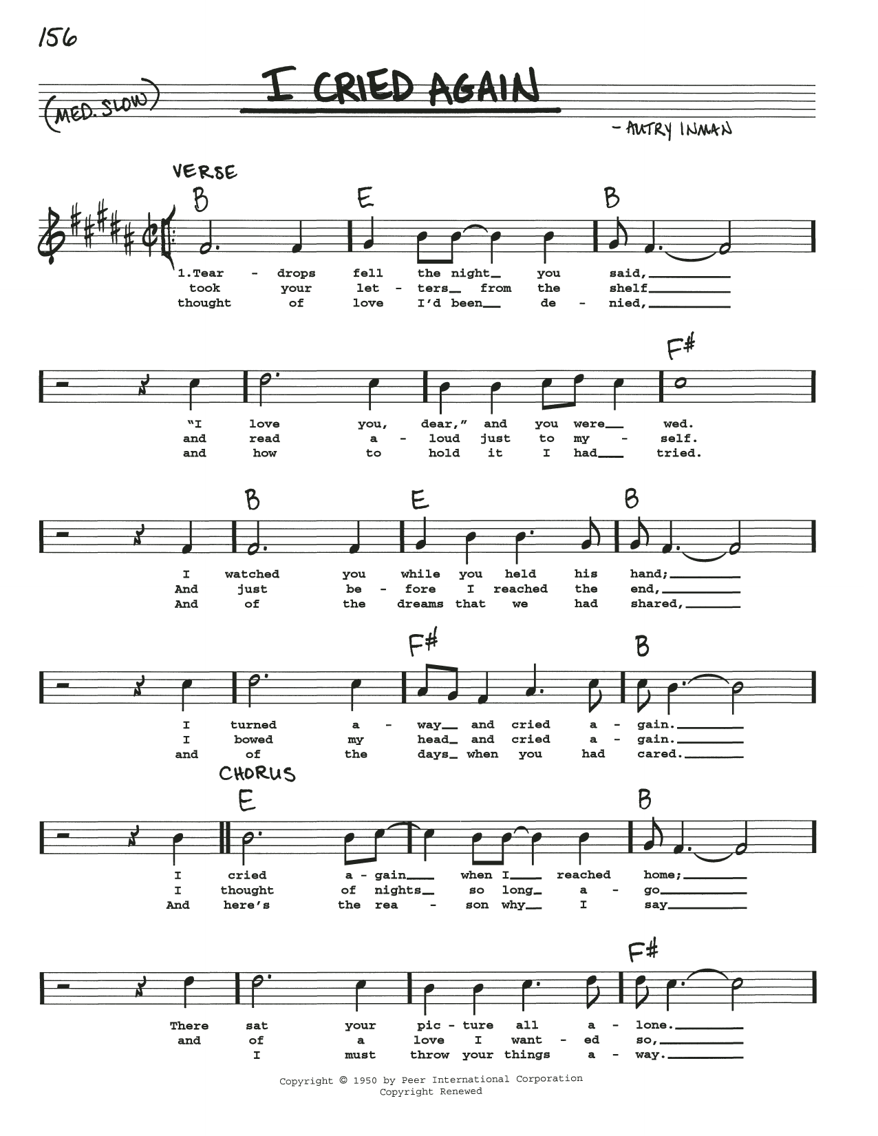 Autry Inman I Cried Again sheet music notes and chords. Download Printable PDF.