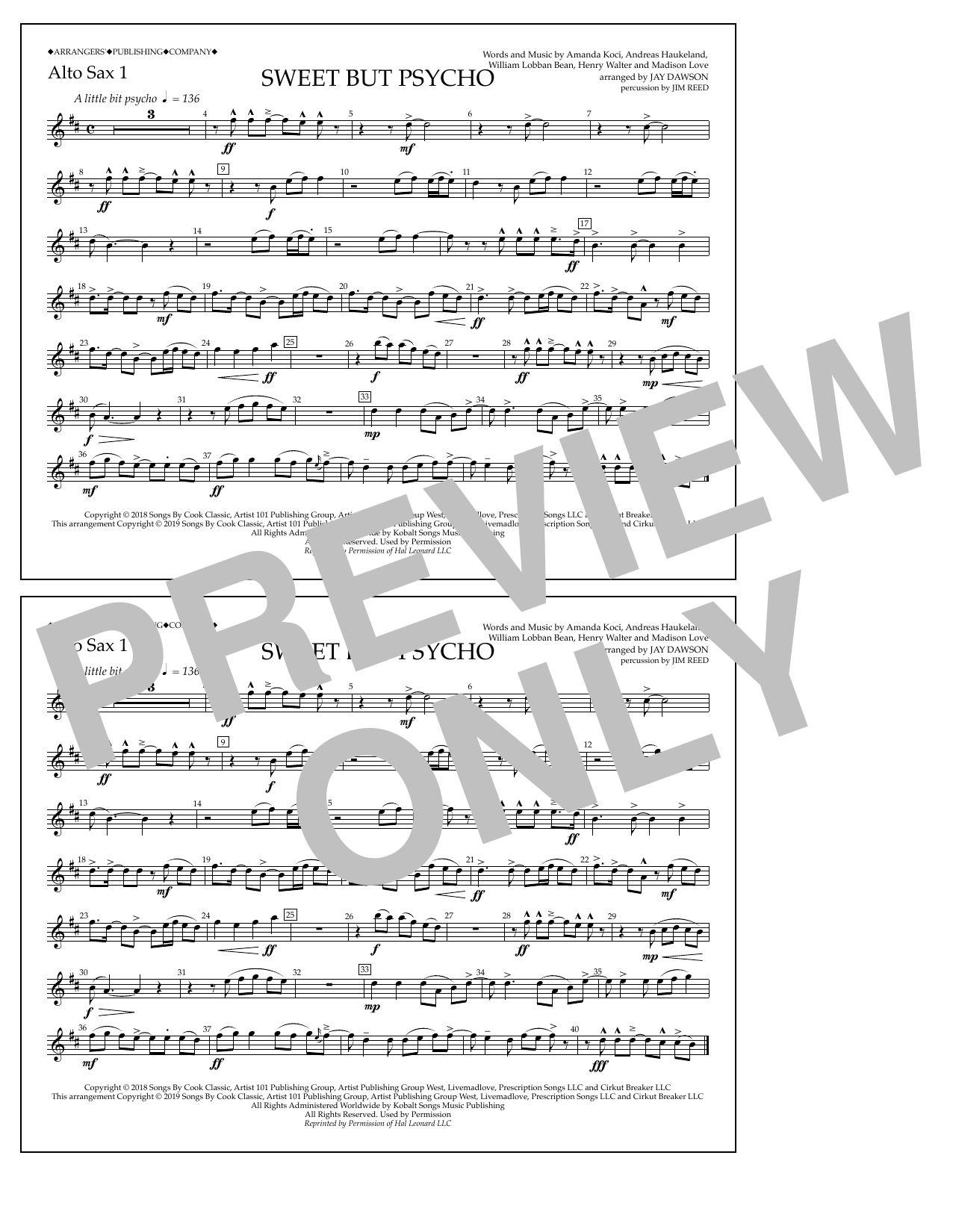 Learn to play Ava Max Sweet But Psycho (arr. Jay Dawson) - Alto Sax 1 sheet music for Marching Band in minutes. Price: 7.8900$ Ava Max Sweet But Psycho (arr. Jay Dawson) - Alto Sax 1 sheet music notes and chords arranged for Marching Band