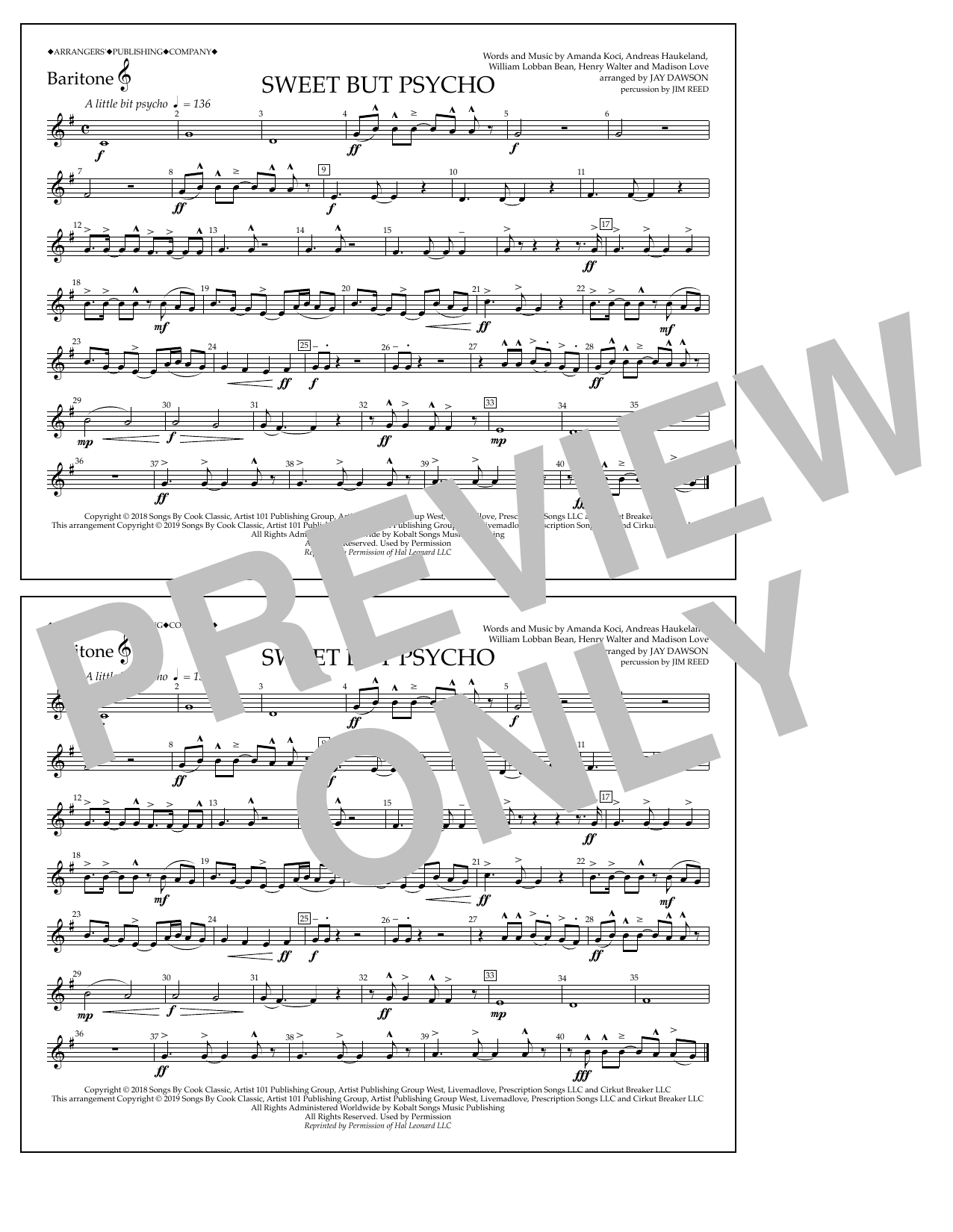 Learn to play Ava Max Sweet But Psycho (arr. Jay Dawson) - Baritone T.C. sheet music for Marching Band in minutes. Price: 7.8900$ Ava Max Sweet But Psycho (arr. Jay Dawson) - Baritone T.C. sheet music notes and chords arranged for Marching Band