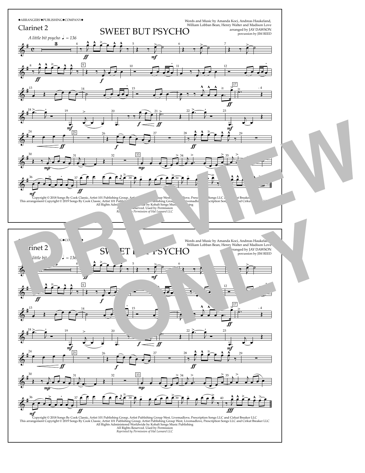 Learn to play Ava Max Sweet But Psycho (arr. Jay Dawson) - Clarinet 2 sheet music for Marching Band in minutes. Price: 7.8900$ Ava Max Sweet But Psycho (arr. Jay Dawson) - Clarinet 2 sheet music notes and chords arranged for Marching Band