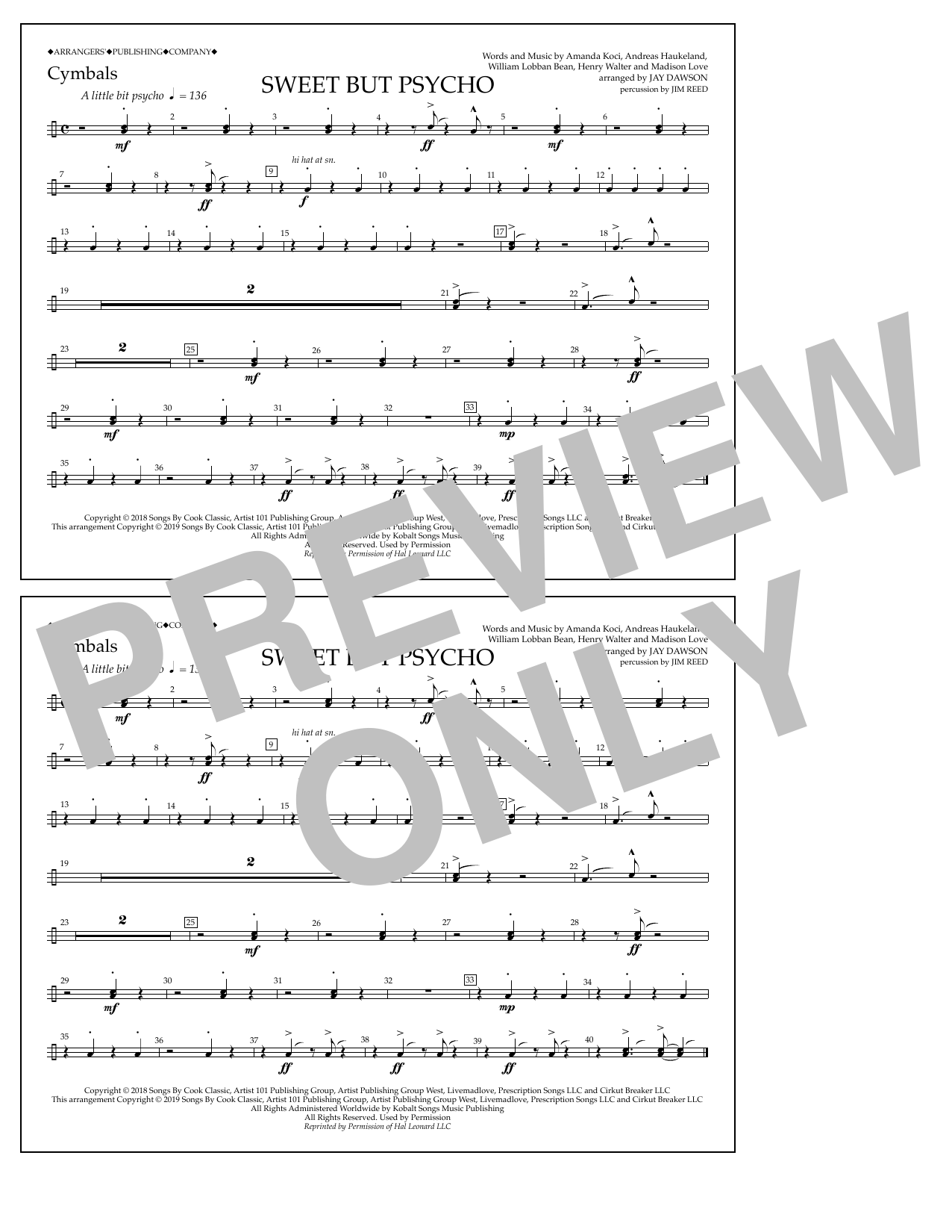 Learn to play Ava Max Sweet But Psycho (arr. Jay Dawson) - Cymbals sheet music for Marching Band in minutes. Price: 7.8900$ Ava Max Sweet But Psycho (arr. Jay Dawson) - Cymbals sheet music notes and chords arranged for Marching Band