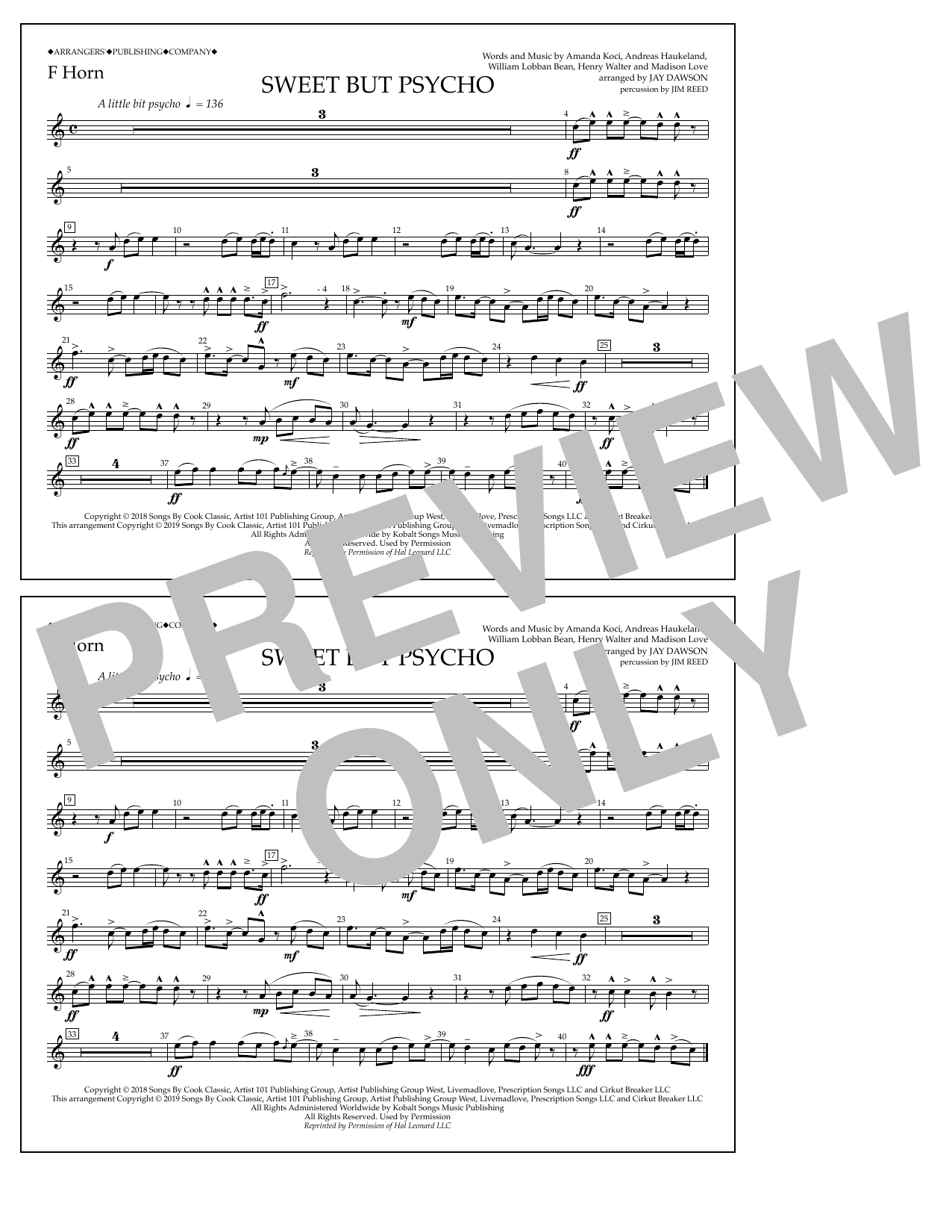 Learn to play Ava Max Sweet But Psycho (arr. Jay Dawson) - F Horn sheet music for Marching Band in minutes. Price: 7.8900$ Ava Max Sweet But Psycho (arr. Jay Dawson) - F Horn sheet music notes and chords arranged for Marching Band