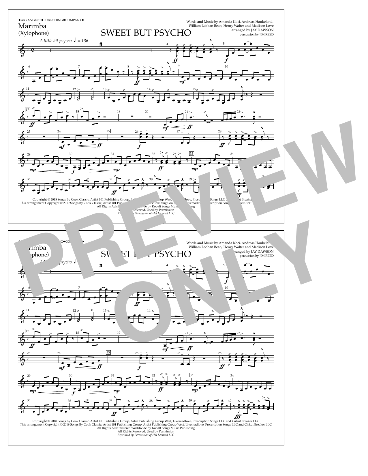 Learn to play Ava Max Sweet But Psycho (arr. Jay Dawson) - Marimba sheet music for Marching Band in minutes. Price: 7.8900$ Ava Max Sweet But Psycho (arr. Jay Dawson) - Marimba sheet music notes and chords arranged for Marching Band