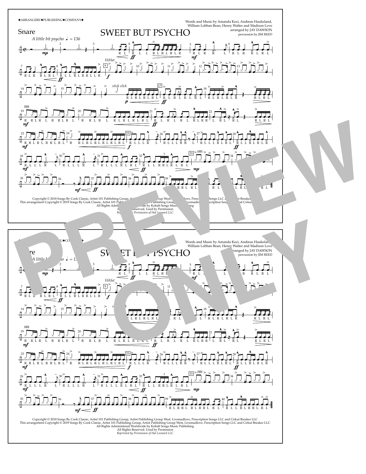 Learn to play Ava Max Sweet But Psycho (arr. Jay Dawson) - Snare sheet music for Marching Band in minutes. Price: 7.8900$ Ava Max Sweet But Psycho (arr. Jay Dawson) - Snare sheet music notes and chords arranged for Marching Band