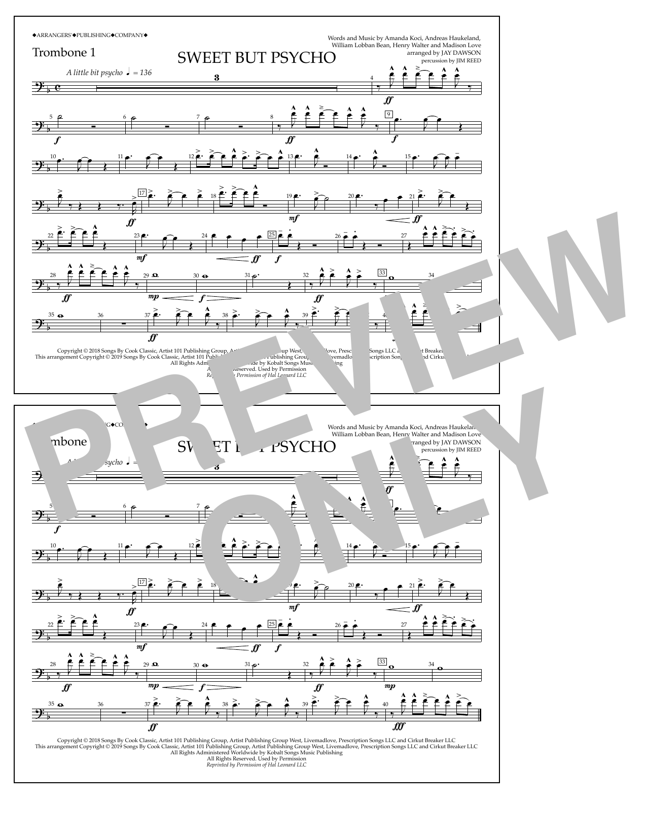 Learn to play Ava Max Sweet But Psycho (arr. Jay Dawson) - Trombone 1 sheet music for Marching Band in minutes. Price: 7.8900$ Ava Max Sweet But Psycho (arr. Jay Dawson) - Trombone 1 sheet music notes and chords arranged for Marching Band