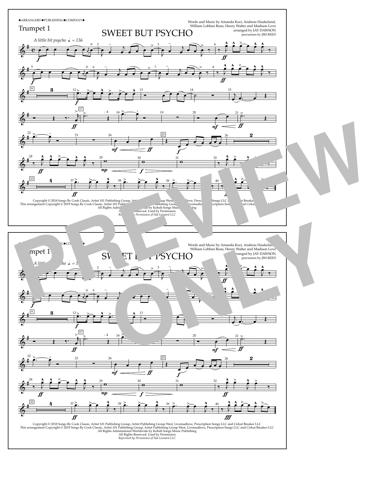 Learn to play Ava Max Sweet But Psycho (arr. Jay Dawson) - Trumpet 1 sheet music for Marching Band in minutes. Price: 7.8900$ Ava Max Sweet But Psycho (arr. Jay Dawson) - Trumpet 1 sheet music notes and chords arranged for Marching Band