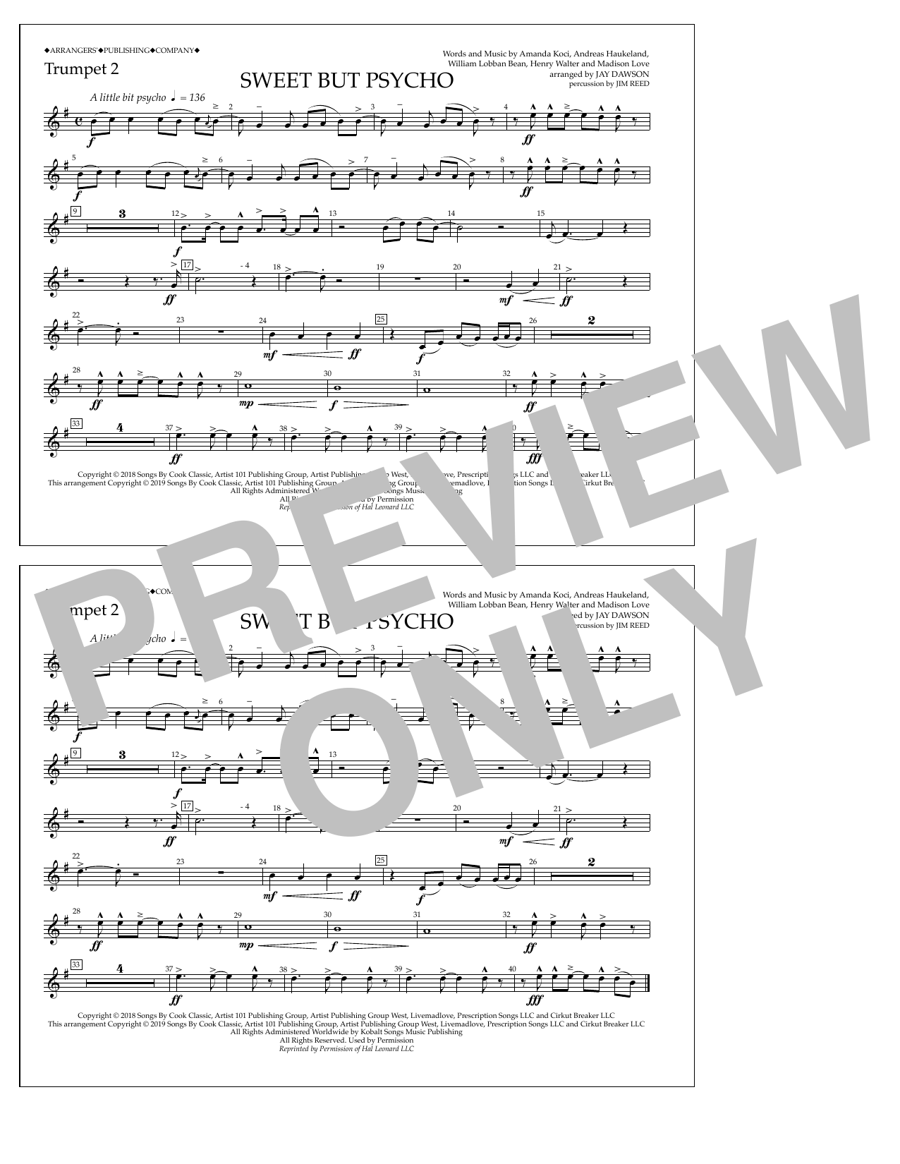 Ava Max Sweet But Psycho Arr Jay Dawson Trumpet 2 Sheet Music Pdf Notes Chords Pop Score Marching Band Download Printable Sku 414427