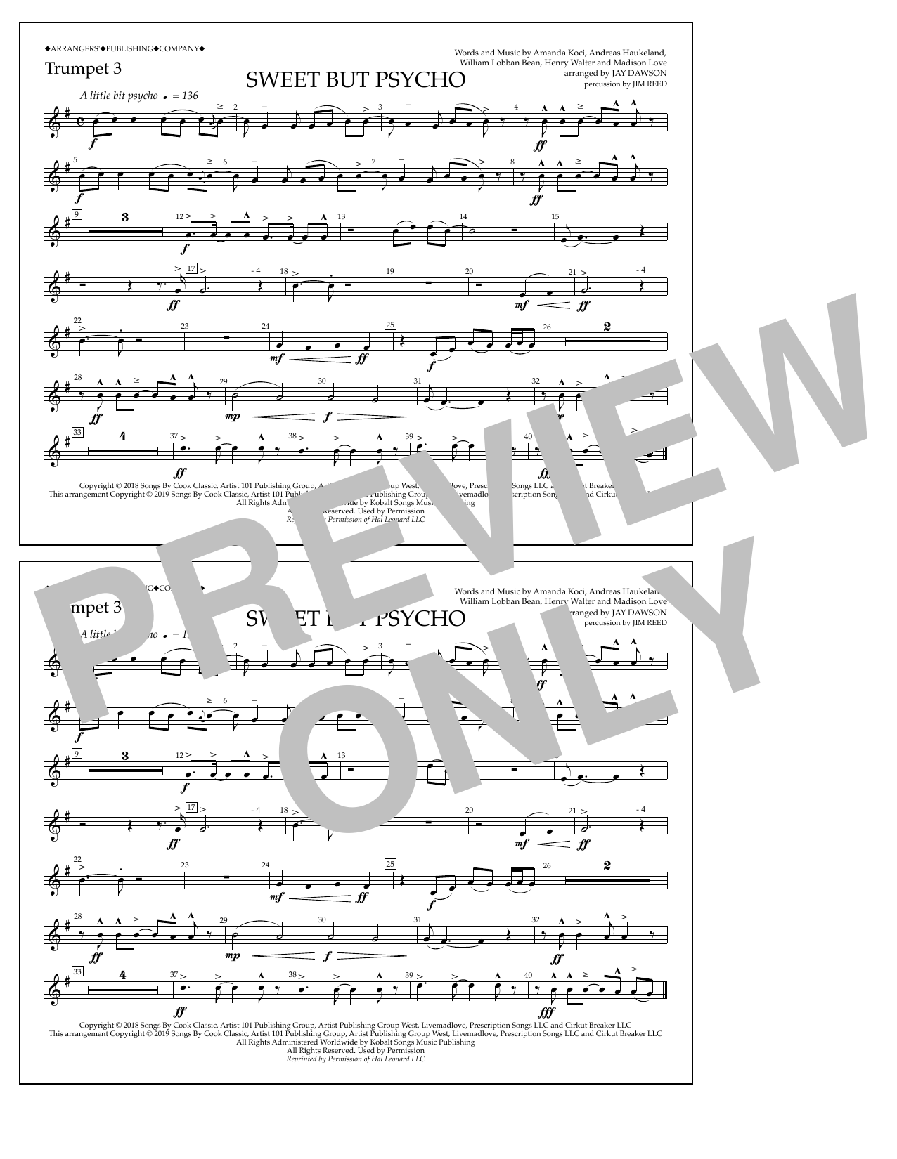 Learn to play Ava Max Sweet But Psycho (arr. Jay Dawson) - Trumpet 3 sheet music for Marching Band in minutes. Price: 7.8900$ Ava Max Sweet But Psycho (arr. Jay Dawson) - Trumpet 3 sheet music notes and chords arranged for Marching Band