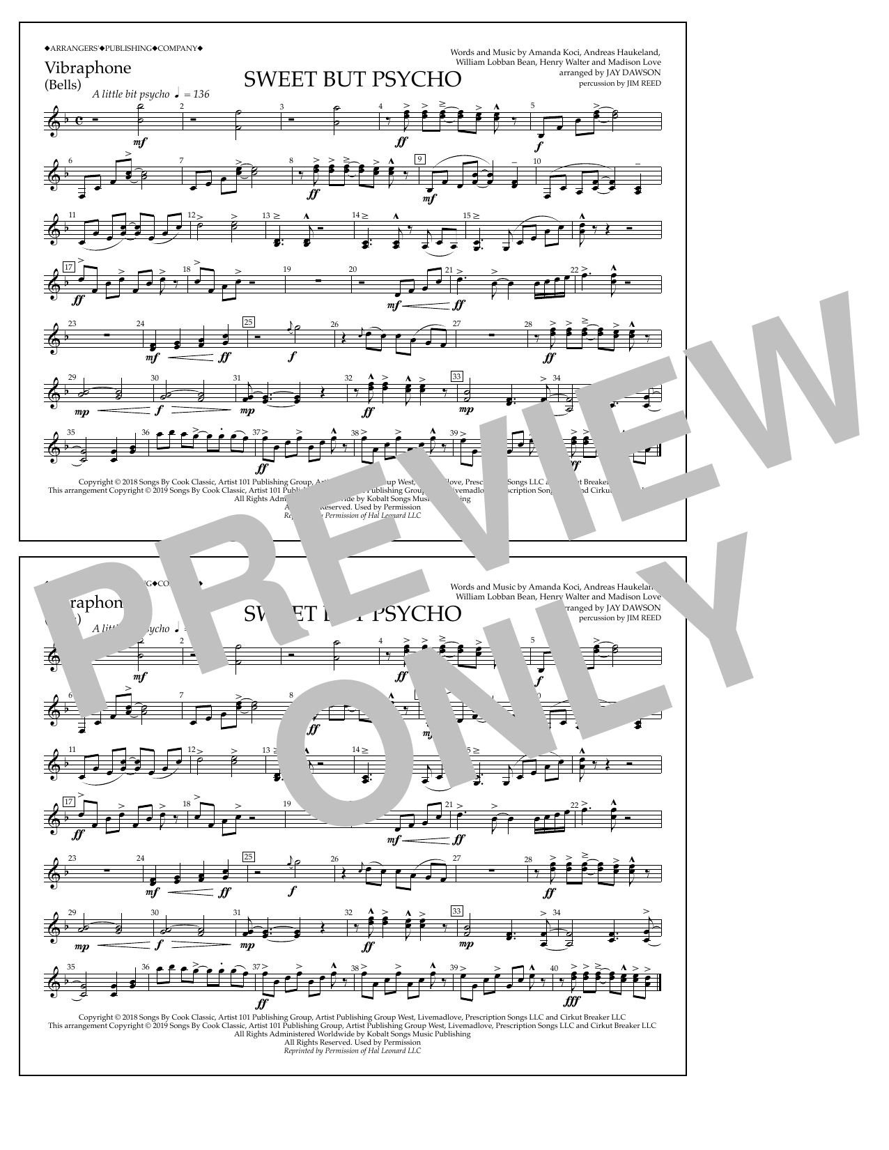 Learn to play Ava Max Sweet But Psycho (arr. Jay Dawson) - Vibraphone sheet music for Marching Band in minutes. Price: 7.8900$ Ava Max Sweet But Psycho (arr. Jay Dawson) - Vibraphone sheet music notes and chords arranged for Marching Band
