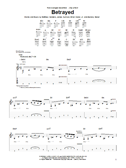 Avenged Sevenfold Betrayed sheet music notes and chords. Download Printable PDF.