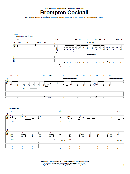 Avenged Sevenfold Brompton Cocktail sheet music notes and chords. Download Printable PDF.