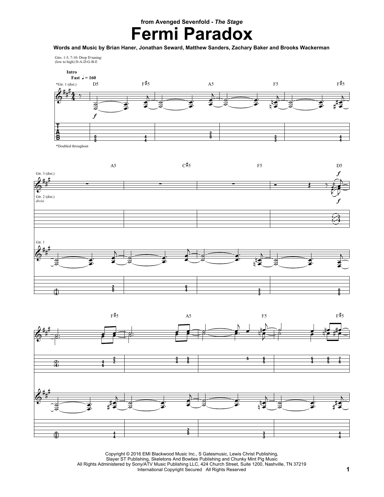 Avenged Sevenfold Fermi Paradox sheet music notes and chords. Download Printable PDF.