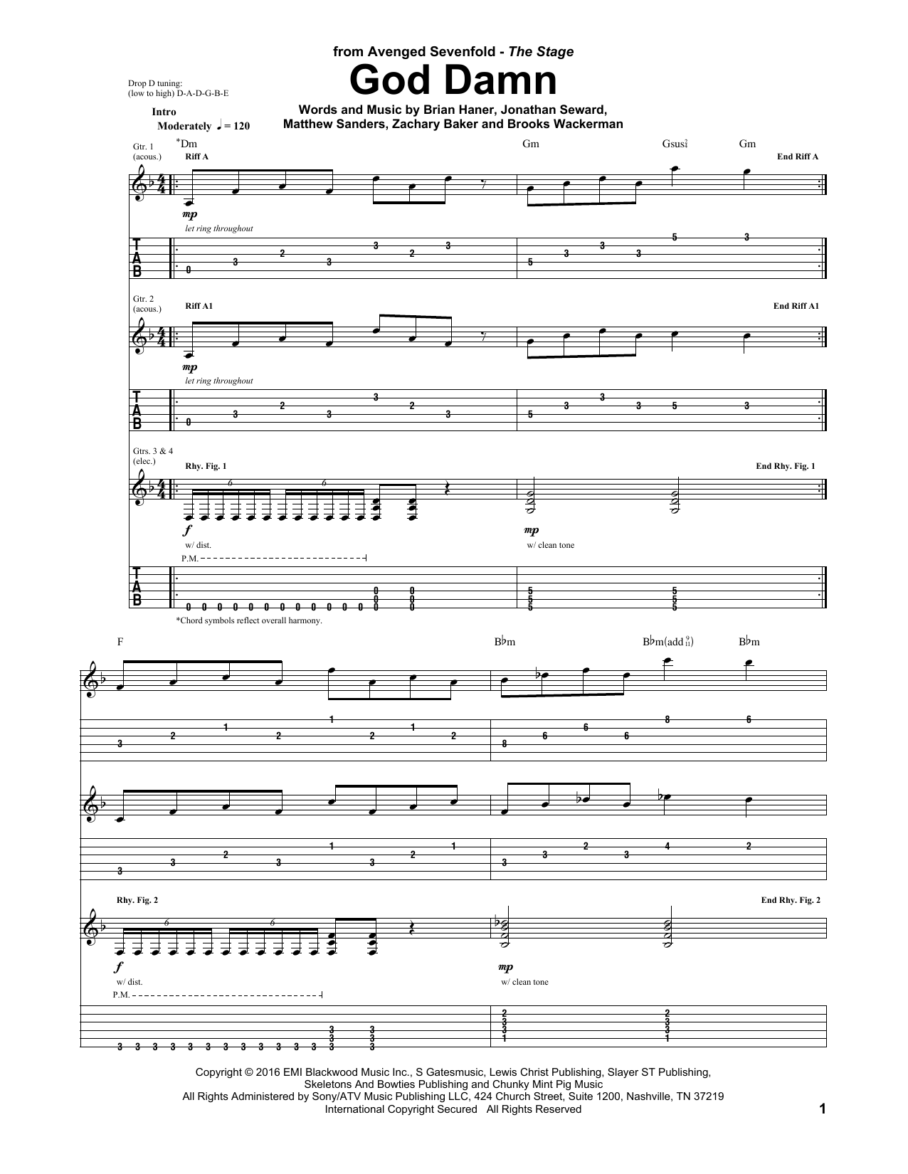 Avenged Sevenfold God Damn sheet music notes and chords. Download Printable PDF.