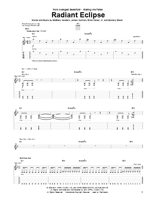 Avenged Sevenfold Radiant Eclipse sheet music notes and chords. Download Printable PDF.