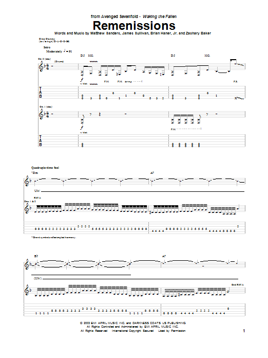 Avenged Sevenfold Remenissions sheet music notes and chords. Download Printable PDF.