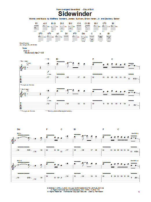 Avenged Sevenfold Sidewinder sheet music notes and chords. Download Printable PDF.