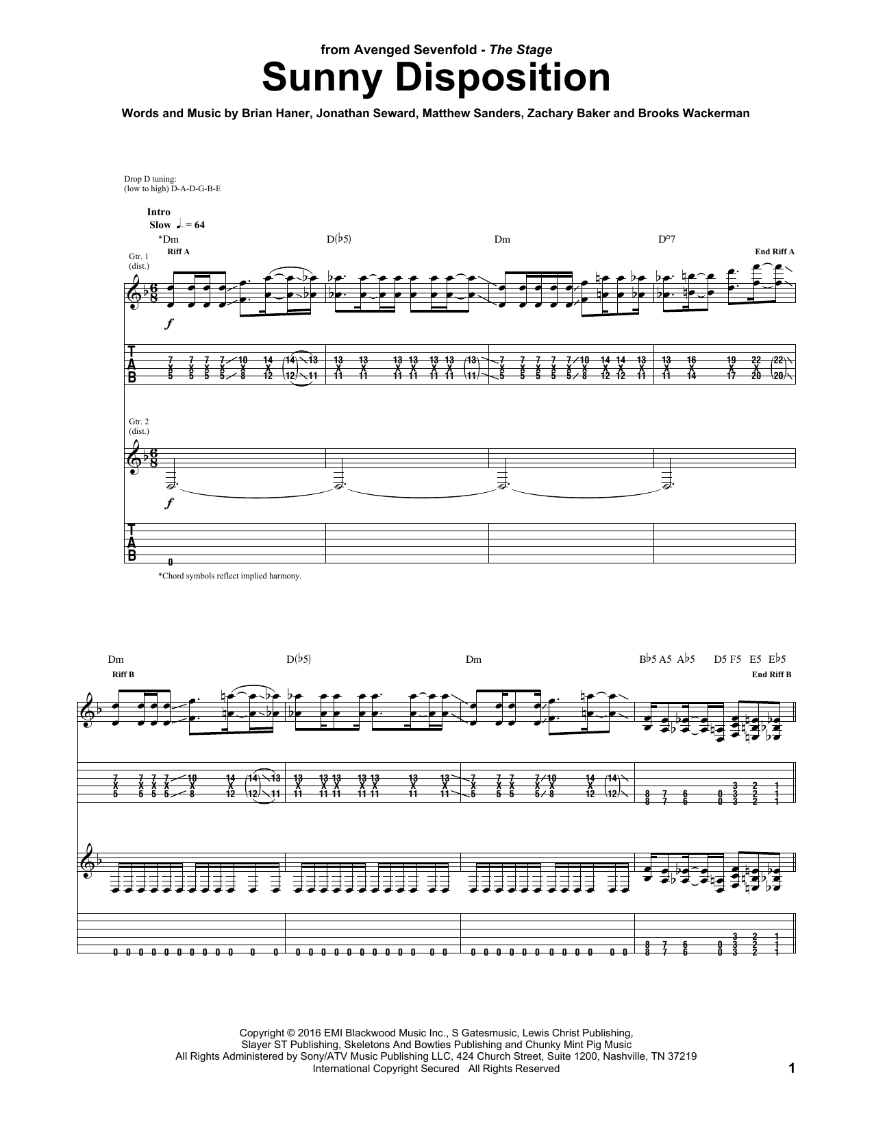 Avenged Sevenfold Sunny Disposition sheet music notes and chords. Download Printable PDF.