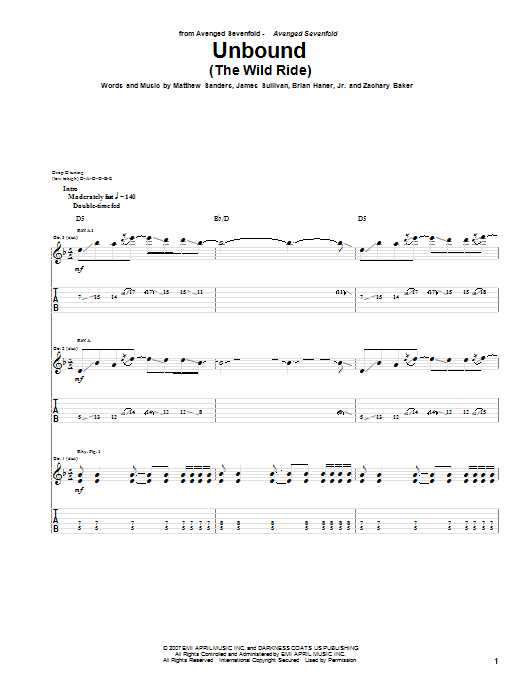 Learn to play Avenged Sevenfold Unbound (The Wild Ride) sheet music for Guitar Tab in minutes. Price: 7.8900$ Avenged Sevenfold Unbound (The Wild Ride) sheet music notes and chords arranged for Guitar Tab