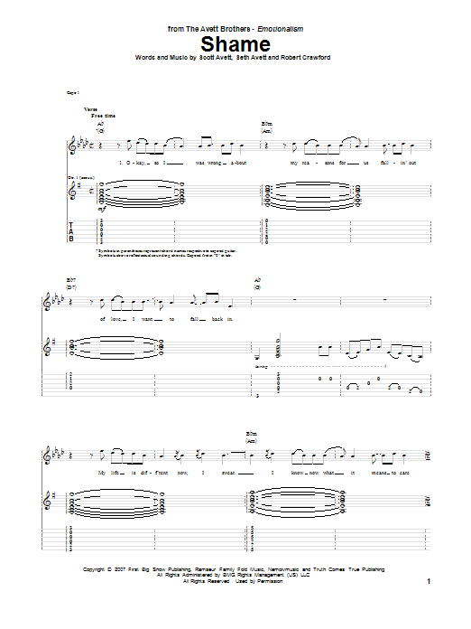 Avett Brothers Shame sheet music notes and chords. Download Printable PDF.