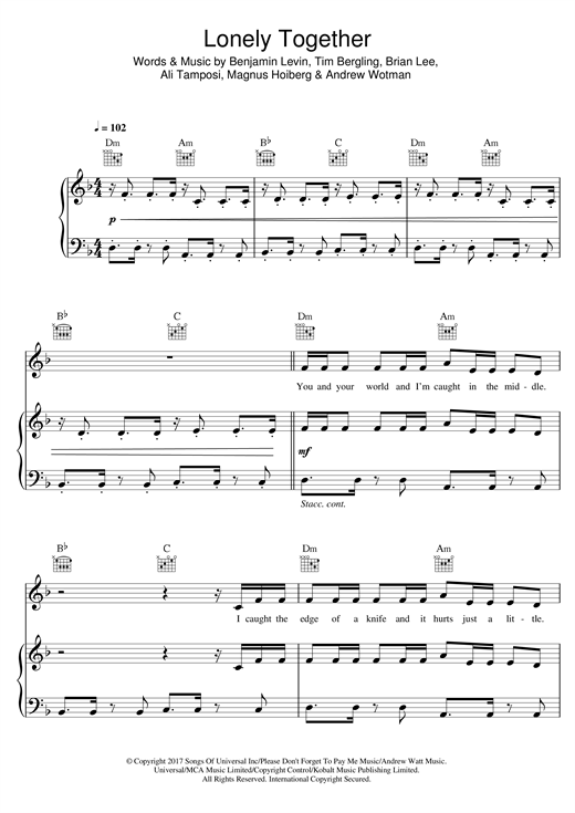 Learn to play Avicii Lonely Together (feat. Rita Ora) sheet music for Piano, Vocal & Guitar (Right-Hand Melody) in minutes. Avicii Lonely Together (feat. Rita Ora) sheet music notes and chords. Download Printable PDF.
