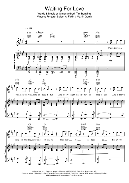 Dejar abajo Alinear Favor Avicii "Waiting For Love" Sheet Music PDF Notes, Chords | Pop Score Piano,  Vocal & Guitar (Right-Hand Melody) Download Printable. SKU: 121392