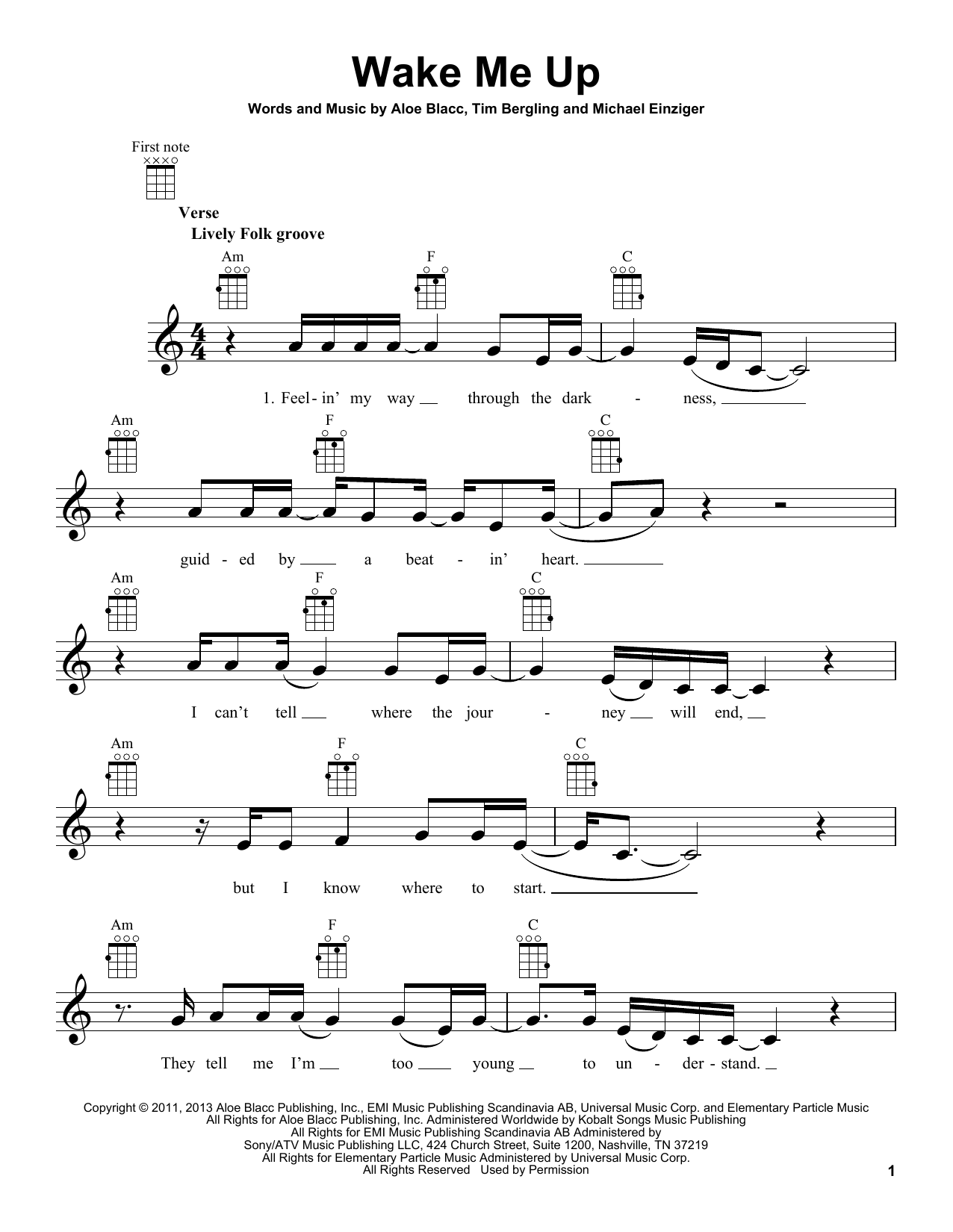 Avicii Wake Me Up sheet music notes and chords. Download Printable PDF.