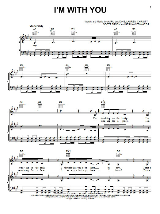 Avril Lavigne I'm With You sheet music notes and chords. Download Printable PDF.