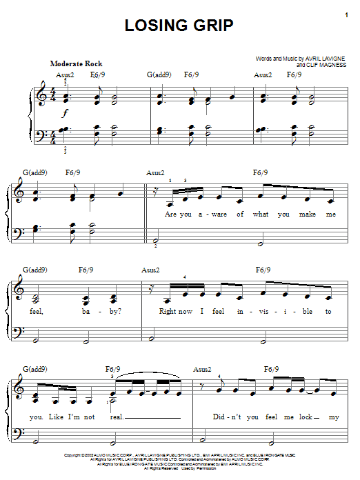 Avril Lavigne Losing Grip sheet music notes and chords. Download Printable PDF.