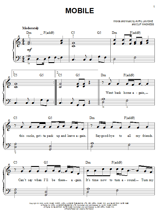 Avril Lavigne Mobile sheet music notes and chords. Download Printable PDF.