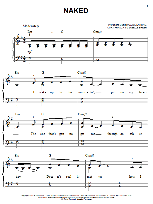 Avril Lavigne Naked sheet music notes and chords. Download Printable PDF.