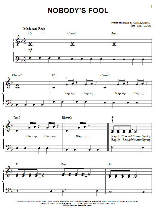 Avril Lavigne Nobody's Fool sheet music notes and chords. Download Printable PDF.