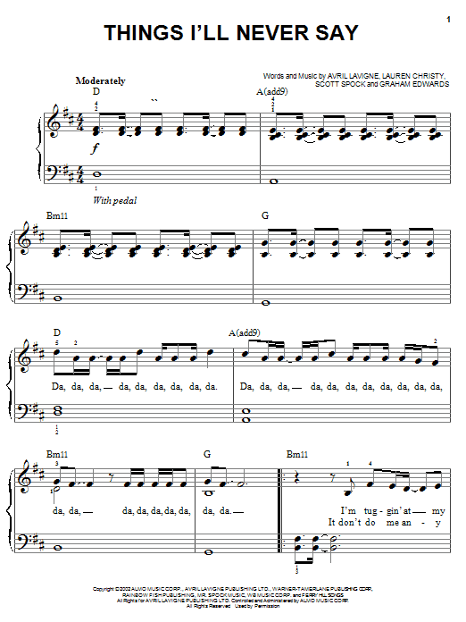 Avril Lavigne Things I'll Never Say sheet music notes and chords. Download Printable PDF.